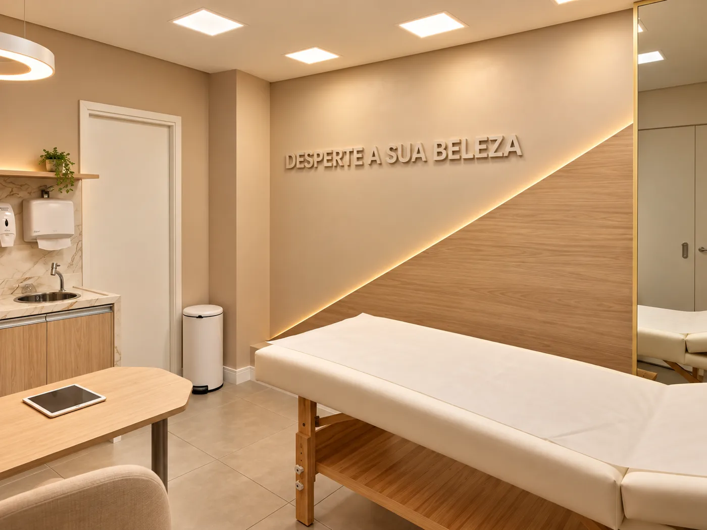 Sala de atendimento com maca e a frase Desperte a sua beleza na parede.