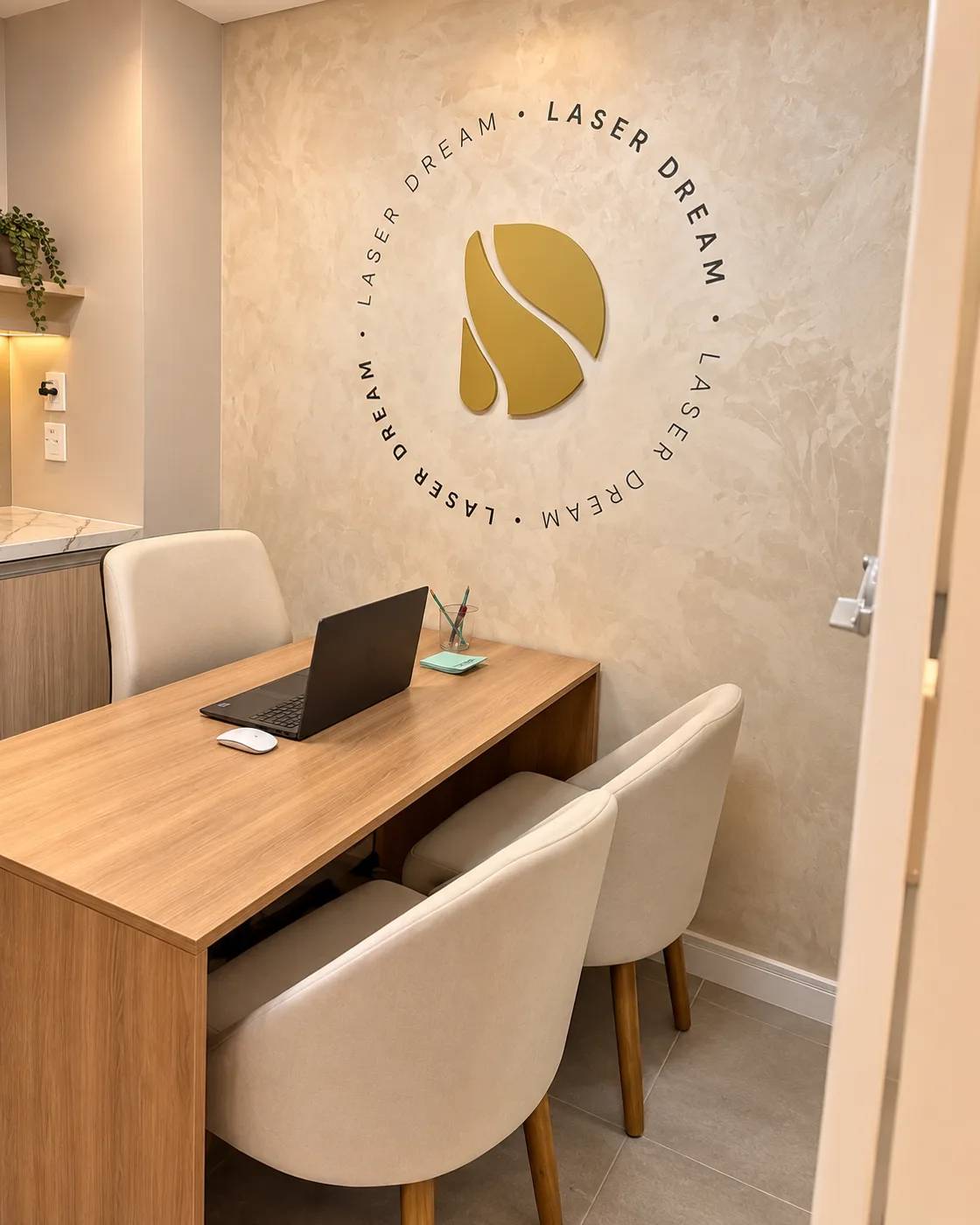 Sala de avaliação com mesa, cadeiras e o logo da Laser Dream na parede.