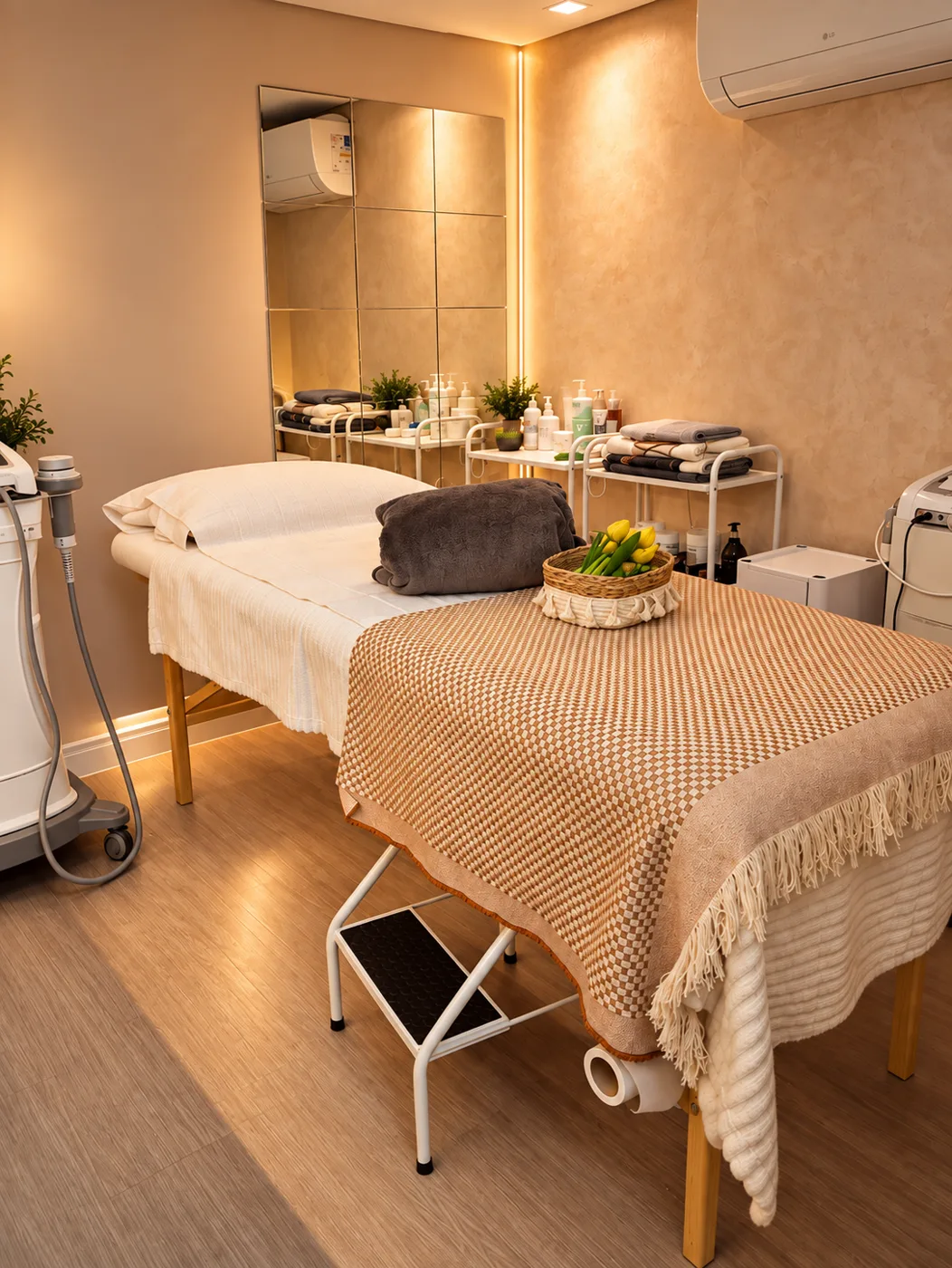 Sala de estética da unidade, com maca preparada.